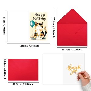 Detailed size chart for happy birthday card set with calico cat design and red envelope