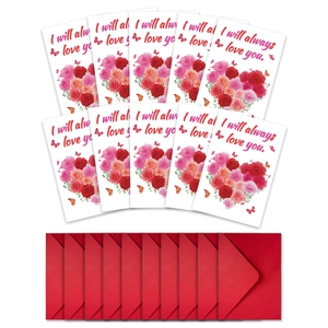 Detail of 10 Valentine greeting cards with floral hearts and matching red envelopes