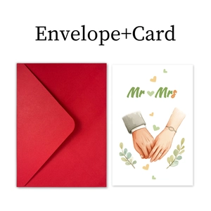 Wedding greeting card set with red envelope featuring watercolor hands and Mr & Mrs text