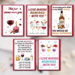 Set of five funny Christmas greeting cards featuring wine and festive drink illustrations