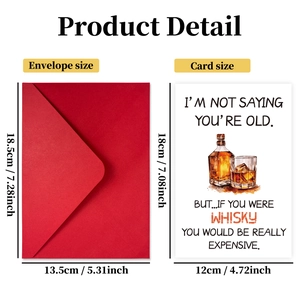 Dimensiones detalladas de la tarjeta Día del Padre con sobre rojo y whisky