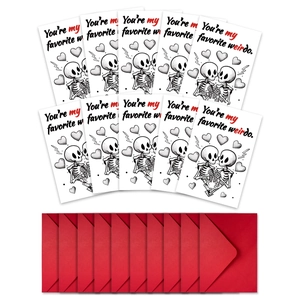 Détail de 10 cartes de vœux squelettes et enveloppes rouges 'You're my favorite weirdo' incluses