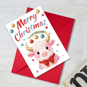Close-up of cute cartoon pink cow Christmas card with a red envelope on marble surface