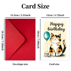 Cartoon cat birthday card with red envelope and detailed size specifications shown