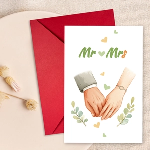 Detail of Mr & Mrs wedding greeting card with hand-drawn illustration and red envelope