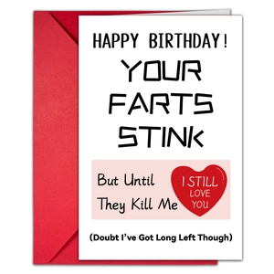 Close-up of minimalist humor birthday card with red envelope and heart design