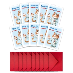 Lot de 10 cartes d'anniversaire chat avec enveloppes rouges et illustration de gâteau