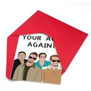 Grappige verjaardagskaart met 'Your Age Again?' tekst en een rode envelop set