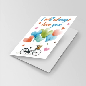 Detail der Valentinsgrußkarte mit Aquarell-Fahrrad und herzförmigen Luftballons