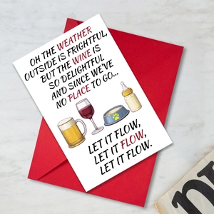 Funny Valentine card with holiday illustrations and a red envelope on marble surface