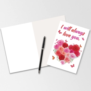 Detail of Valentine greeting card with floral heart and I will always love you text