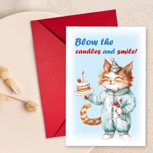 Vue détaillée d'une carte d'anniversaire chat avec enveloppe rouge et fleurs séchées