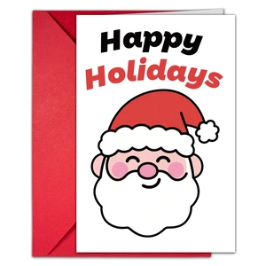 Close-up of a Christmas card featuring a Santa illustration and red envelope set