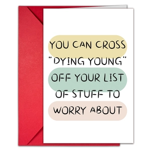 Detail of humorous greeting card with red envelope and 'Dying Young' witty typography