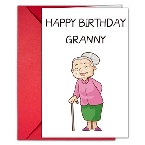 Grappige Happy Birthday Granny wenskaart met oma-tekening en rode envelop-set