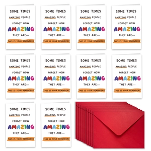 Set mit 10 weißen Dankeskarten mit bunten Sprüchen und passenden roten Umschlägen