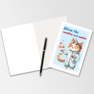 Détail de la carte d'anniversaire avec chat mignon à l'aquarelle et espace pour écrire