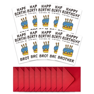 Funny birthday card set for brother with humorous text and vibrant red envelopes