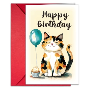 Detail of hand-drawn watercolor calico cat birthday card with a red envelope