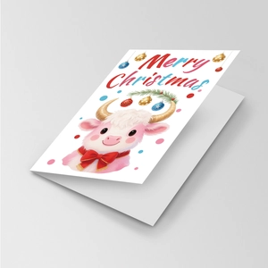 Detail of Christmas greeting card featuring a cute cartoon pink bull and festive envelopes