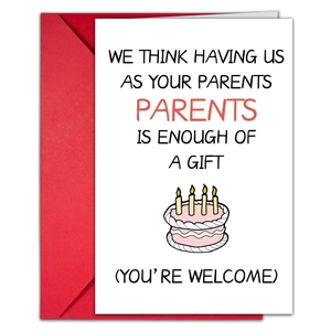 Funny birthday card with pink cake illustration and a vibrant red envelope