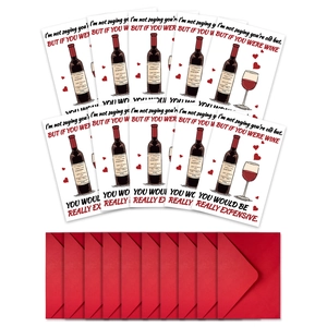 Set de 10 tarjetas de San Valentín con tema de vino, sobres rojos y motivos de corazones
