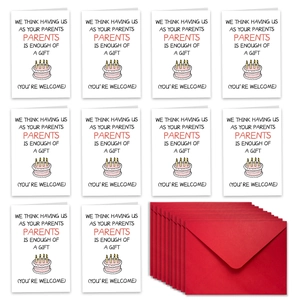 Detail of 10-piece funny birthday card set with colorful cakes and red V-flap envelopes