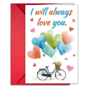 Detailansicht der Aquarell-Fahrradkarte mit Herzballons und passendem rotem Umschlag