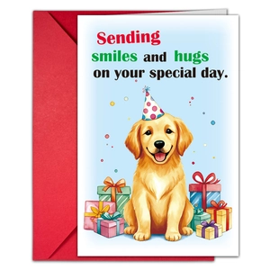 Detail of cartoon golden retriever birthday card with red envelope and gift box patterns