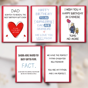 Pack of 5 humorous Father's Day greeting cards with red borders and heart scratch designs