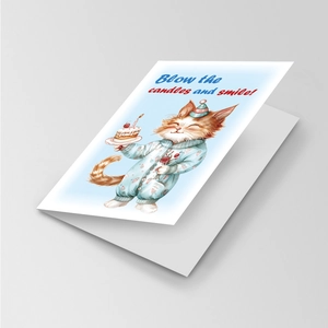 Détail d'une carte d'anniversaire chat pliante avec présentation mockup et illustration mignonne