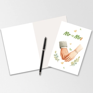 Detailed watercolor Mr & Mrs wedding cards with envelopes and pen on textured background