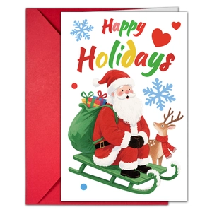Detailed view of Happy Holidays card featuring Santa Claus, reindeer and red envelope
