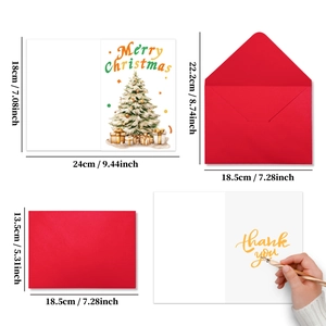 Détail du lot de cartes de Noël et enveloppe rouge avec sapin et texte festif