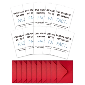 Close-up of 10 white Father's Day cards with humorous text and 10 red envelopes