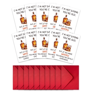 Detalle de 10 tarjetas de felicitación temáticas de whisky con sobres rojos para el día del padre