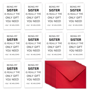 Set of 10 funny greeting cards with humorous sister quotes and matching red envelopes