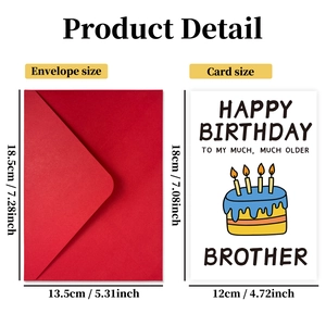 Detailed view of humor birthday card for brother with sizing and red envelope dimensions