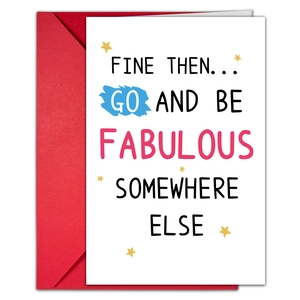 Detailaufnahme der Dankeskarte mit rotem Umschlag und Go Be Fabulous Text mit Goldsternen