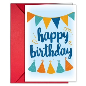 Close-up of a happy birthday card with colorful party hats and a vibrant red envelope