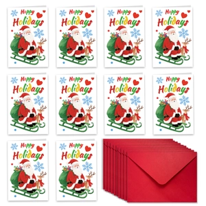 Set of 10 Santa sleigh Christmas cards with matching red envelopes for holiday greetings