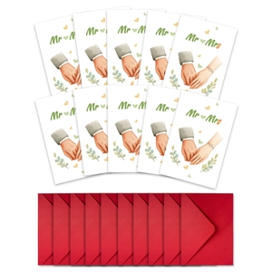 Detail of 10-piece Mr & Mrs wedding cards set with watercolor hands and red envelopes