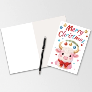 Flat lay of a cute cartoon Christmas card with a pink calf illustration and a black pen