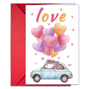 Valentine card set with watercolor car and heart balloons on a red envelope background