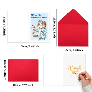 Dimensions détaillées de la carte d'anniversaire chat avec enveloppe rouge pour vœux DIY