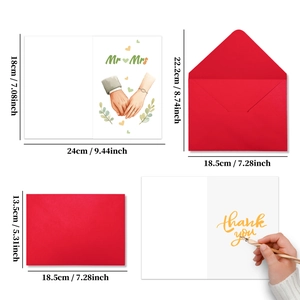 Detailed view of Mr & Mrs wedding cards and red envelopes with precise size measurements
