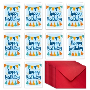 Detailed set of 10 colorful happy birthday cards with premium red envelopes on white background