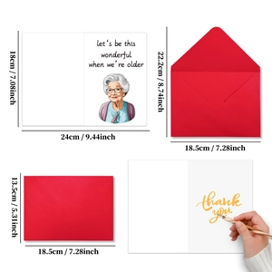 Dimensioni dettagliate del biglietto d'auguri umoristico e buste rosse con nonna cartoon