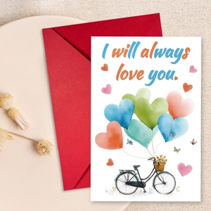 Detail der Valentinskarte mit Aquarell-Fahrradmotiv und rotem Umschlag-Set