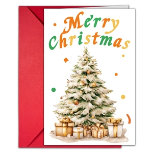 Détail d'une carte de Noël avec sapin aquarelle et son enveloppe rouge festive assortie
